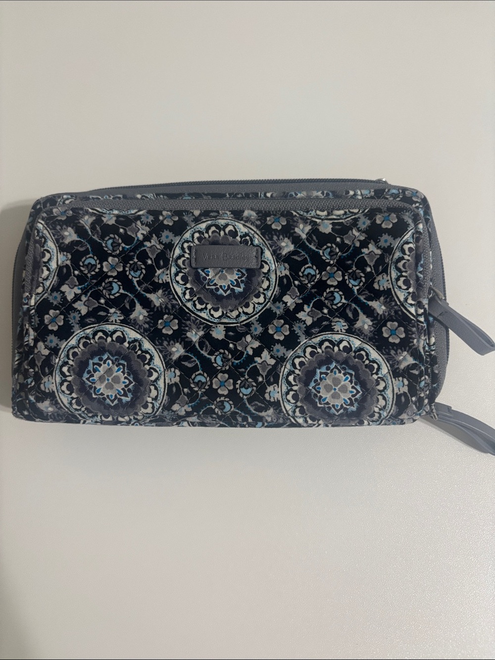Vera Bradley Charcoal Medallion Quilted Wallet- button has scratch shown photo
